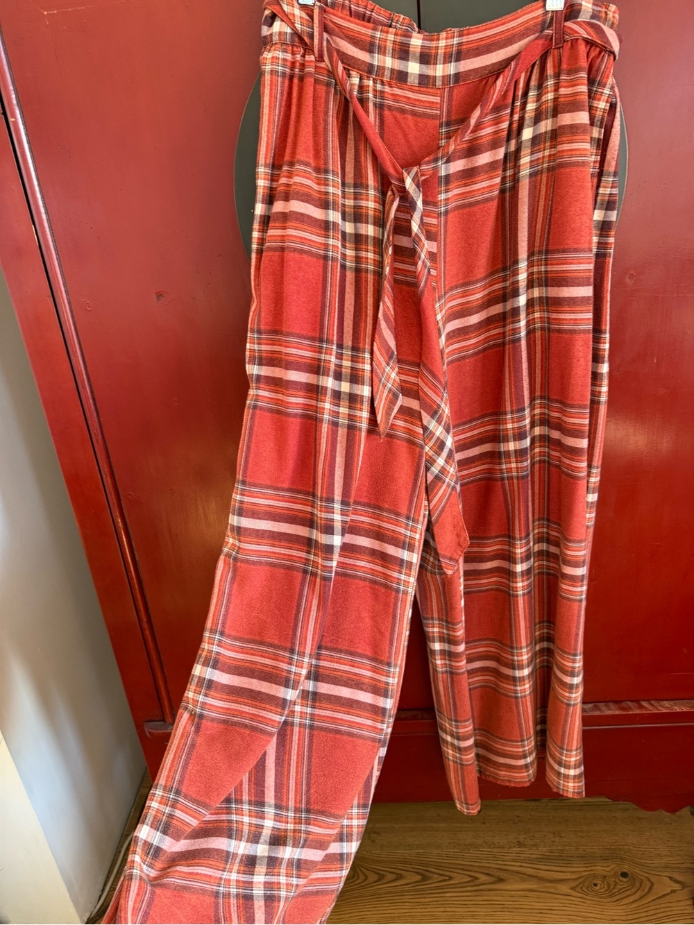 Free People Red Plaid Wide-Leg Tie-Waist Pants